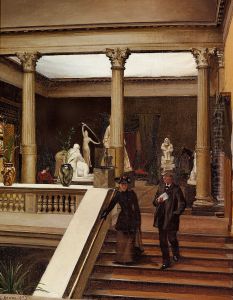 A young couple at the Charlottenbord Exhibition in 1893. In the background vases by Bindesboll and sculptures by Stephan Sinding.