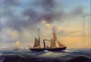 Paddle steamerSvithiodat sea, with all sails except foresail. Union flagg in the rear.