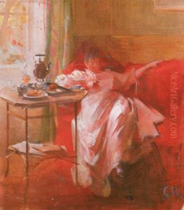 Lesende Dame auf rotem Sofa Lesende Dame auf rotem Sofa