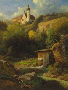 Andechs. Blick von Bachlauf auf den Klosterhugel