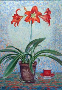 Amaryllis mit roter Tasse by Albert Konig