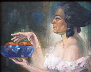 Frau mit blauer Schale (Dorothea Konig im Profil) by Albert Konig
