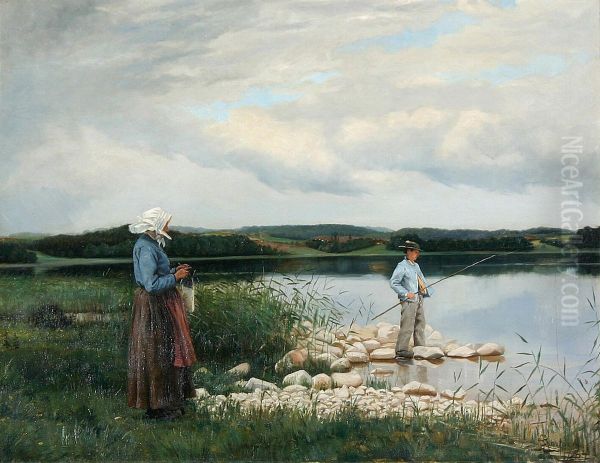 A lake scenery with a woman and a boy fishing. - view 1