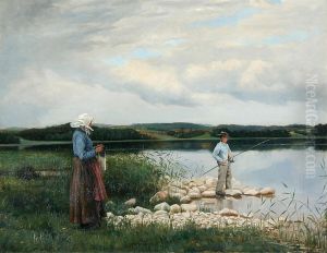 A lake scenery with a woman and a boy fishing.