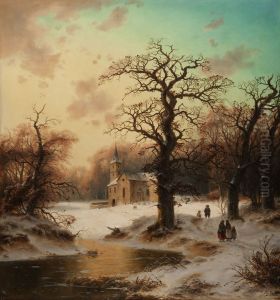 Winter landscape with gnarled Oaks in front of a church