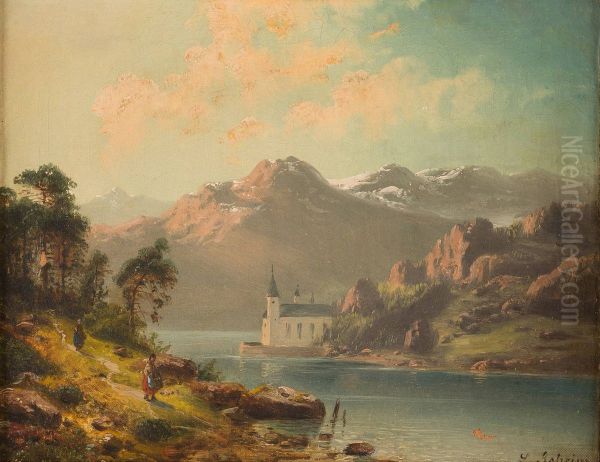 Alpine lake with chapel - view 1