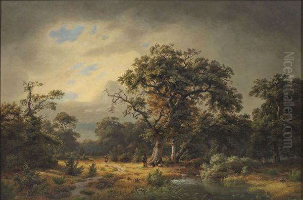 Grosse Waldlandschaft mit rastendem Paar unter einer alten Eiche - view 1