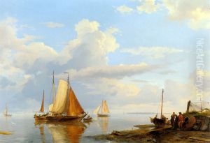Figures coming ashore in a calm / Shipping in a calm by Hermanus Koekkoek