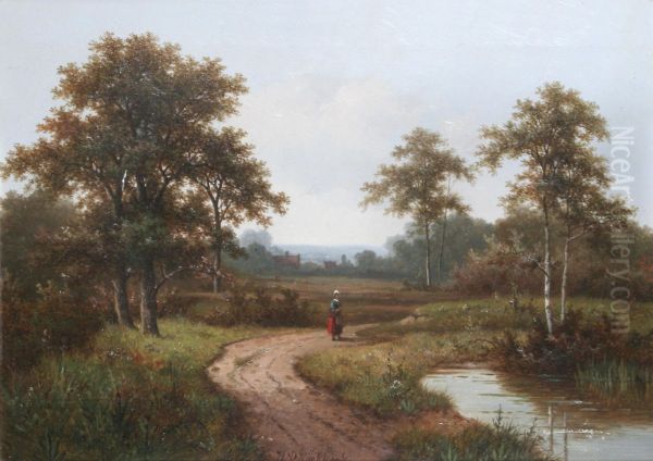 A lady on a pathway by a stream - view 1