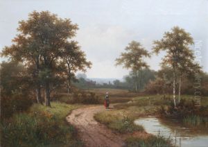 A lady on a pathway by a stream by Hendrik Pieter Koekkoek