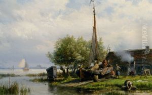 Figuren aan het werk op een scheepswerf by Hermanus Koekkoek the Younger