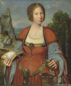 The Magdalene holding a Book of Hours in a landscape by Master of the Mansi Magdalen