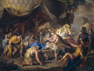 The death bed of Epaminondas, commander of the Theban army in the battle against Sparta.