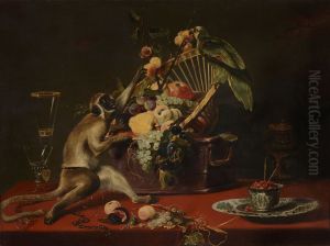 Still life with monkey seizing fruit from a basket with a parrot perched on top by Frans Snyders