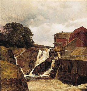Norwegian landscape with a sawmill at a river.
