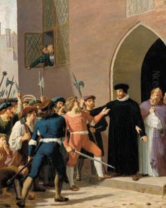 Hans Tausen beskytter biskop Ronnow mod de opbragte kobenhavnske borgere. by Adam August Muller