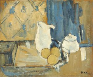 Still life with pitcher, jug and fruit on a table by Immanuel Ibsen