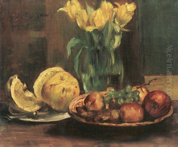 Stillleben mit gelben Tulpen, Apfeln und Grapefruit - view 1