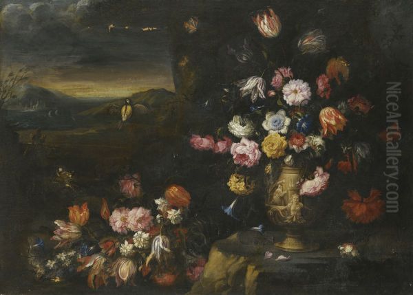 Still Life with Vase of Flowers in a Coastal Landscape Setting - view 1