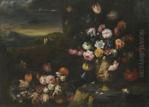 Still Life with Vase of Flowers in a Coastal Landscape Setting by Francesco Caldei