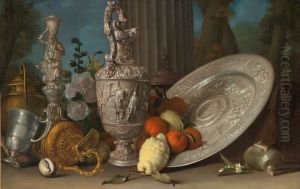 Still Life with Hercules Candlestick, Silver Gilt Ewer, Lemons and Oranges on a Sideboard Dish, Nautilus Shell, and Other Objects Arranged an a Ledge With a Column Beyond by Meiffren Conte