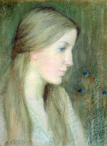 Portrait with Peacock Feathers by J. Alden Weir