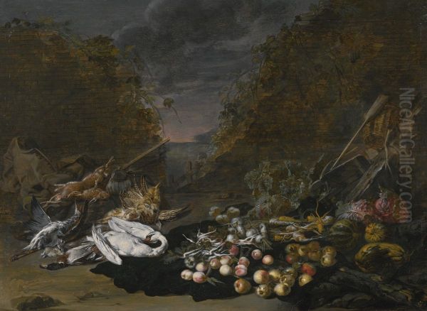 A still life of a swan and other birds, with rabbits, fruit and vegetables and a landscape beyond - view 1