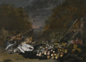 A still life of a swan and other birds, with rabbits, fruit and vegetables and a landscape beyond by 'the other' Jan van Kessel