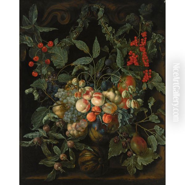 A still life with a garland of peaches, pears, melons, plums, apricots, grapes, apples, berries and cherries. together with ivy and gooseberries, all in a stone niche - view 1
