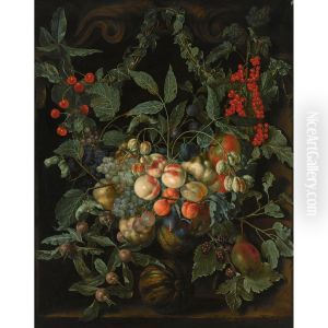 A still life with a garland of peaches, pears, melons, plums, apricots, grapes, apples, berries and cherries. together with ivy and gooseberries, all in a stone niche by 'the other' Jan van Kessel