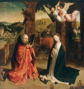 The Nativity, with the Annunciation to the Shepherds in a Landscape by Master of Hoogstraeten