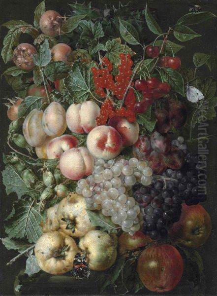 Grapes, peaches, hazelnuts, quinces, redcurrants and other fruit, with a brimstone butterfly, a bumblebee and other insects on a stone capital - view 1