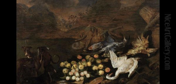 Game and fruit still life with poultry and hounds - view 1