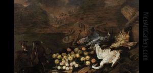 Game and fruit still life with poultry and hounds by 'the other' Jan van Kessel