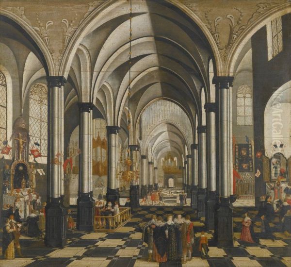 The Interior of a Church, with Elegant Figures Gathered in the Main Aisle and Mass Being Said in a Chapel at Either Side - view 1