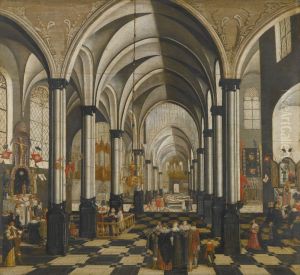 The Interior of a Church, with Elegant Figures Gathered in the Main Aisle and Mass Being Said in a Chapel at Either Side by Albrecht Glockendon the Elder