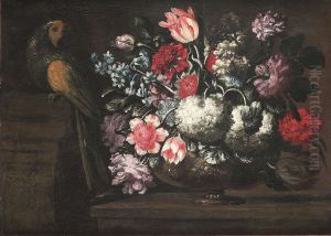 Vase of Flowers with Budgerigar by Gabriel De La Corte