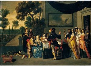 Elegant company on a terrace by Christoffel Jacobsz van der Laemen