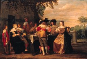 Elegant company merrymaking on a terrace by Christoffel Jacobsz van der Laemen