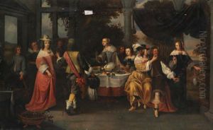Elegant company at a table by Christoffel Jacobsz van der Laemen