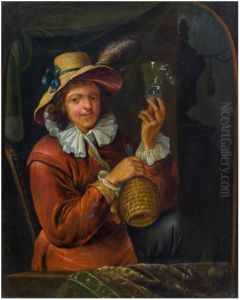 Man with wine glass and basket bottle by Francois Xaver Henri Verbeeck