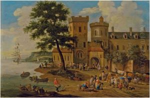 Market Scene in a river at the entrance of a city by Pieter Bout