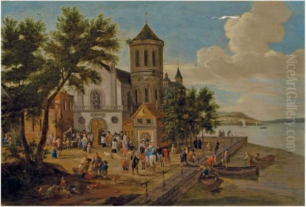 People in front of the village church near a river - view 1