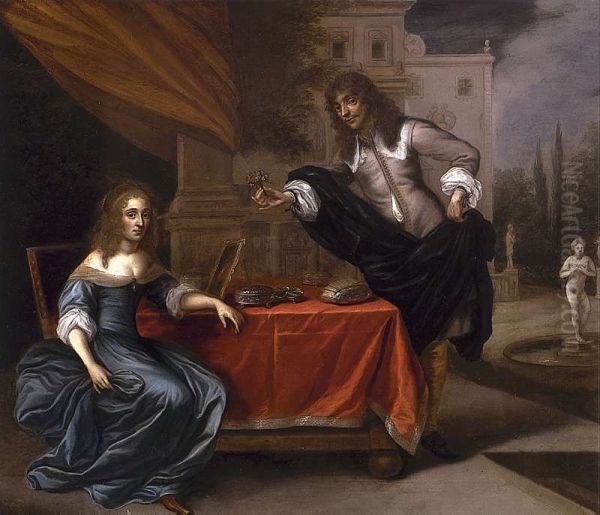 An elegant couple courting in a formal garden - view 1