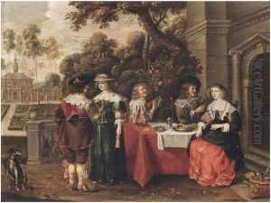 Elegant company eating, drinking and music-making in a garden by Christoffel Jacobsz van der Laemen