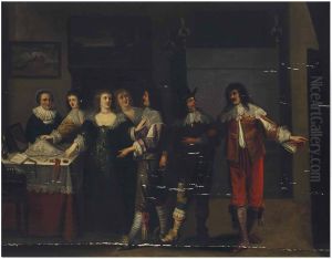 Elegant company admiring a lace collar and other luxurious objects by Christoffel Jacobsz van der Laemen