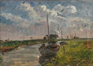 A canal with a boat. A canal with a boat.