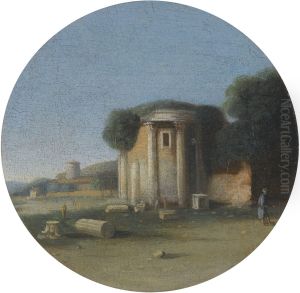 A landscape with figures before an ancient temple by Goffredo Wals