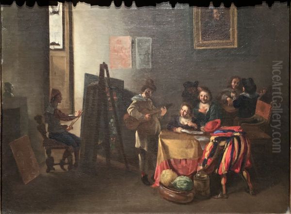 Artist painting a genre scene in his workshop - view 1