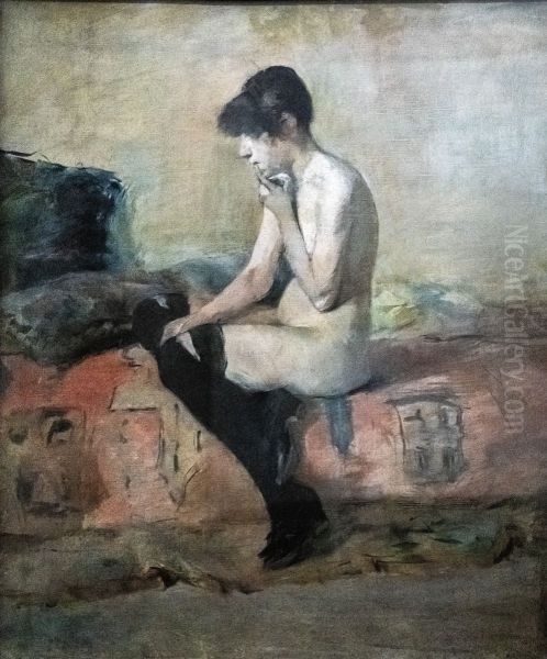 Nude study. Woman sitting on a couch - view 1